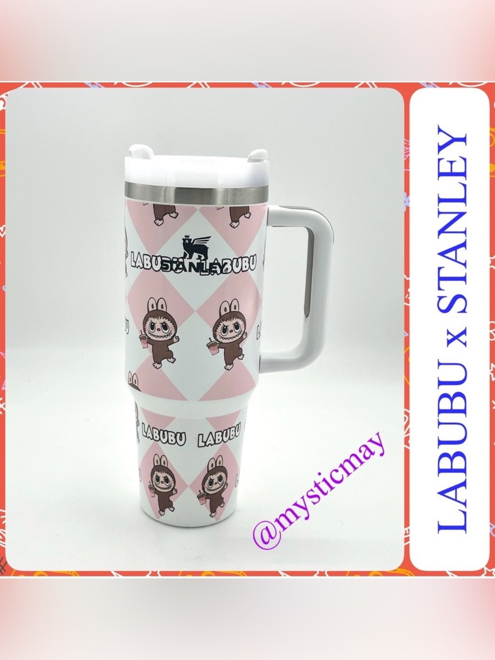 LABUBU x STANLEY Large White w Pink Diamond 40 oz Stainless Steel Tumbler Cup